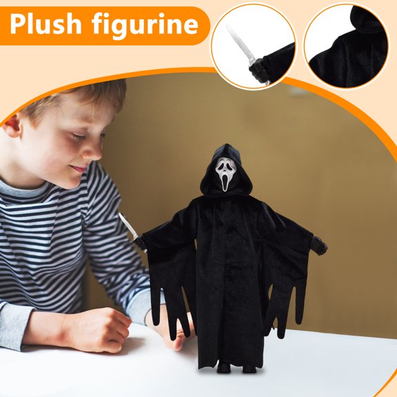 Scream 7 Ghost Face 8" Plush Toy High-Detail White Mask Slasher Figure with Dagger Accessory Black Tattered Wing-Robe Horror Collectible Perfect for Scary Movie Marathons