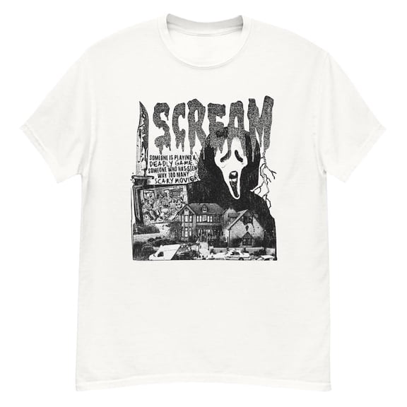 Scream Collage Horror Tee – 90s Slasher Movie Shirt – Grunge VHS-Style Graphic – Scary Movie Cult Classic Art – Ghostface Streetwear Top,White Color,Size 3XL