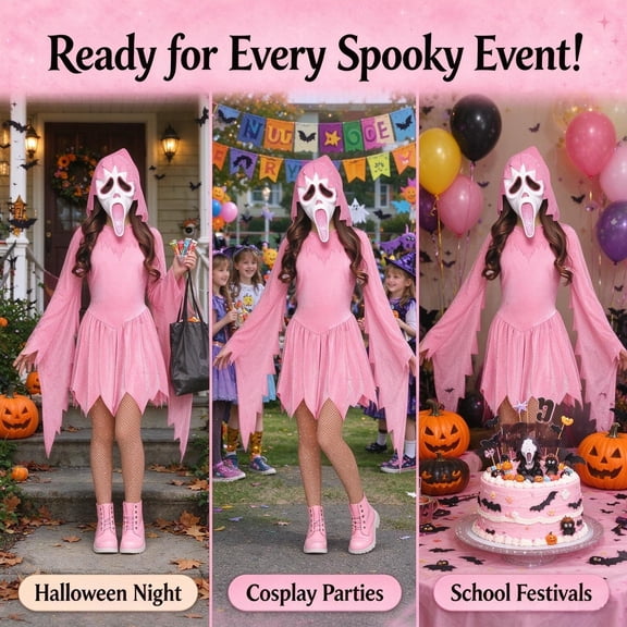 Pink Costume Pink Glitter Ghost Halloween Costume for Girls, Hooded Cosplay Dress with Mask, Spooky Horror Party Outfit