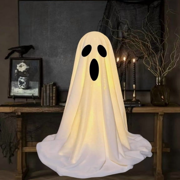 Scream Face Halloween Ghost Decor Light Up Ghost 14.57 Inch Standing Ghost Ornament Warm LED Lights for Mantel Dining Table Indoor Halloween Party Decor