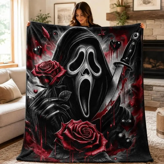 Scream Ghost Face Themed Flannel Blanket, Dark Rose & Bloody Knife Print, Gothic Horror Style. Soft Multi-use Graphic Throw Blanket for Sofa, Bed, Office, Camping, Ideal for Halloween Gifts.