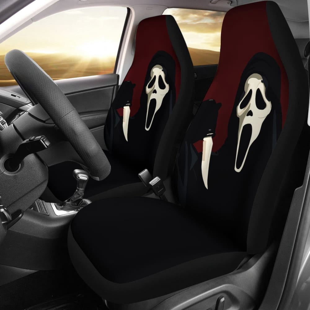 Scream Ghostface Black Red Car Seat Covers Set 2Pc With Foaming Lining, Halloween Decorative Automotive Car Decor. Horror Movies Halloween Car Decor
