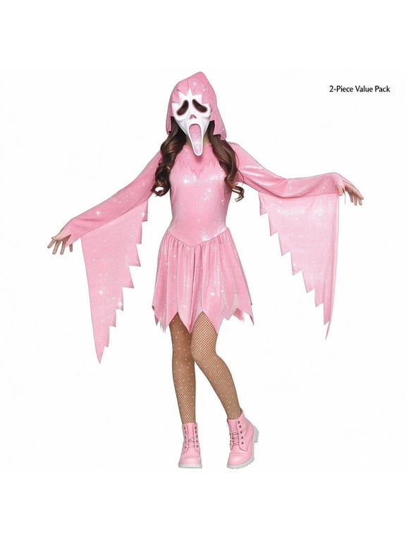 Screaming Pink Glitter Ghost Horror Halloween Costume for Children, 2-Piece