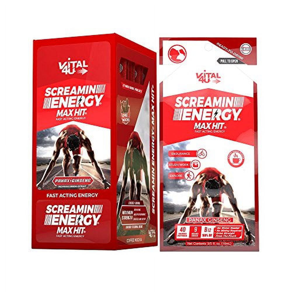 Screamin Energy Max Hit .. .. - Maximum Strength .. Energy .. Shot with .. Korean Panax .. Ginseng, .. Caffeine and B .. .. Vitamins - Coffee Mocha .. .. Flavor, 24 Count ..