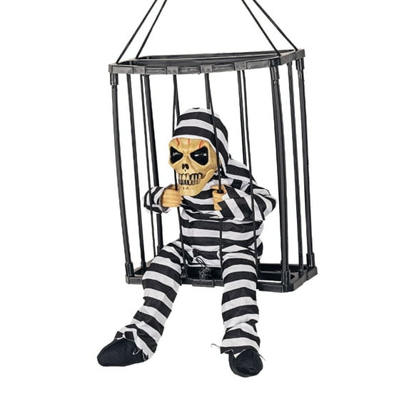 Screaming Animated Halloween Decorations, Halloween Decor Prop with Motion Sensor, Scary Skull Cage Prisoner Haunted House Decor, Spooky Hanging Ghost Light Up Eyes Decorations - B