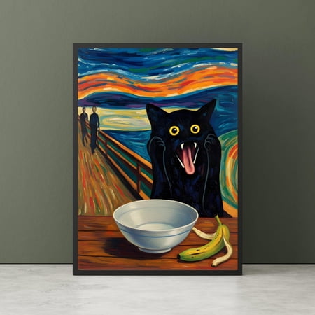 Screaming Cat Art Print, Funny Cat Owner Gift, The Scream Parody, Black Cat Meme Poster, Edvard Munch Cat Wall Art, No More Milk., Poster Only