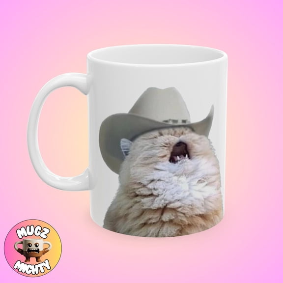 Screaming Cowboy Cat Meme Mug with Funny Quirky Artwork, Silly Humor Coffee Cup, Contemporary Cat Inspired Gift for Coffee Lovers and Adults
