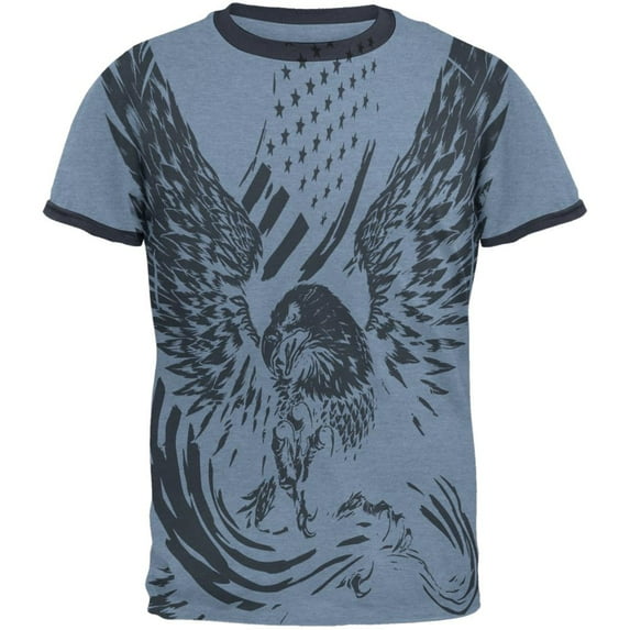 Screaming Eagle American Flag Mens Ringer T Shirt Heather Blue-Navy 2XL
