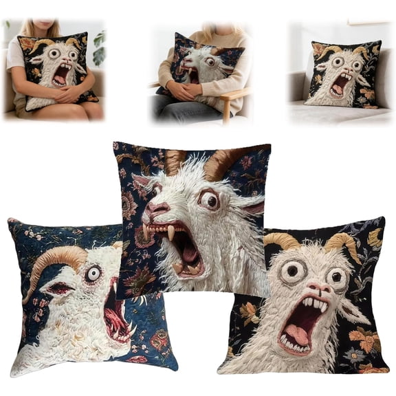 Screaming Goat Pillow Cover 17.7x17.7 Inch - Funny Short Plush Goat Pillowcase with 2D Flat Printed Crazy Animal Graphic, Hilarious Couch Decoration for Sofa, Bed, Home Dorm Accessory