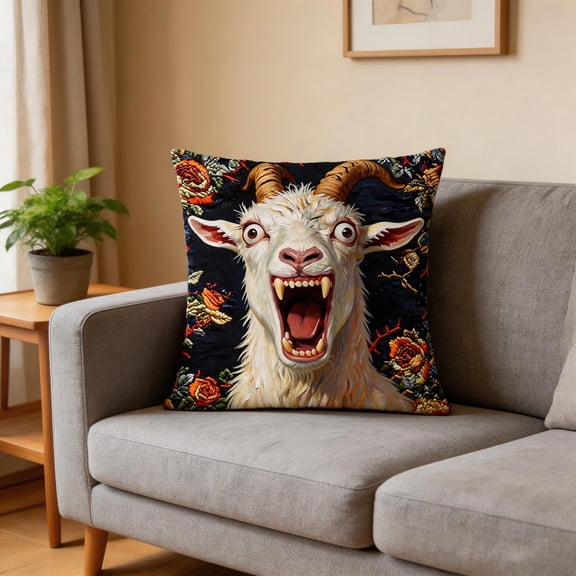 Screaming Goat Pillowcase, Seasonal & Everyday Decor, 17.7"X17.7", Farmhouse Screaming Goat Head Decorative Pillow Cover, Living Room Throw Cushion Case, Eye Catching Design, For Home Home Decor