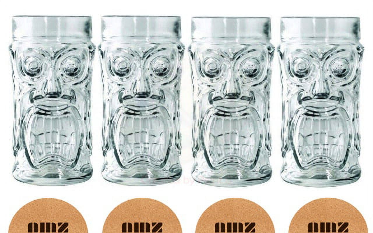 Screaming Tiki Glasses 16 oz Cooler Glass, 4 Pieces, Modern Bar Party Set With Picks by AMZ Empire