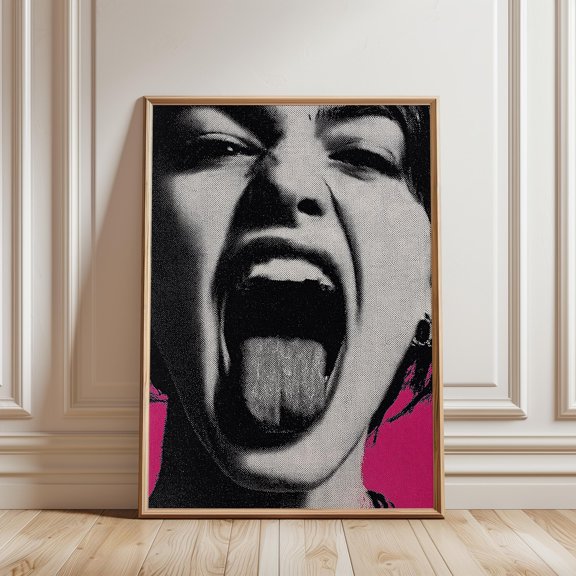 Screaming Woman Pop Art Print Pink Punk Grunge Halftone Artwork Home Decor Office Wall Art