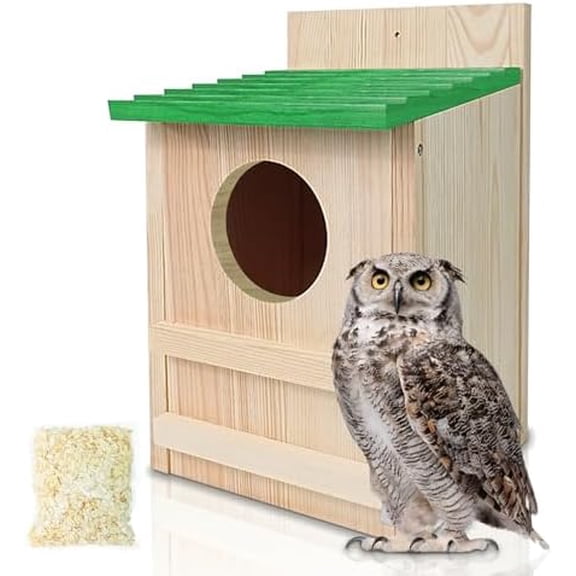 Screech Owl House, Owl Bird Box Large Handmade Wooden Circular Opening Screech Box for Outside with Mounting Screws and A Bag of Wood Shavings, Easy Assembly Required (Green, 9" x 14.5")