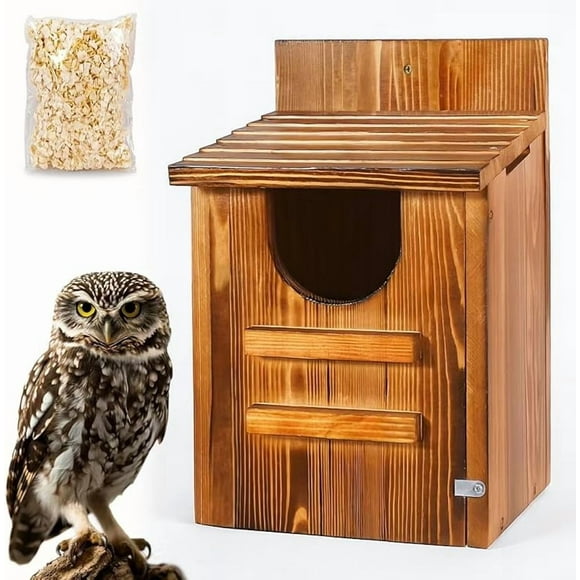 Screech Owl House, Pygmy-Owl Box Handmade Wooden Nesting Box for Outside with Mounting Screws and A Bag of Wood Shavings, Easy Assembly Required Brown