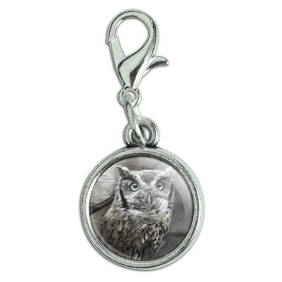 Screech Owl in a Birch Tree Antiqued Bracelet Pendant Zipper Pull Charm with Lobster Clasp