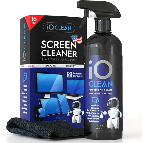 Screen Cleaner Spray (16oz - 473ml) – Best Large Cleaning Kit for LCD LED OLED TV, Smartphone, iPad, Laptop, Touchscreen, Computer Monitor, Electronic Devices, Microfiber Cloth Wipes and 2 Nozzles
