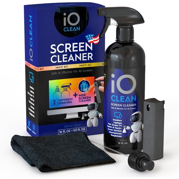 Screen Cleaner Spray (16oz + mini Cleaner) Best Large Cleaning Kit for LCD LED OLED TV, Smartphone, iPad, Laptop, Touchscreen, Computer Monitor, Electronic Devices, Microfiber Cloth and 2 Nozzles