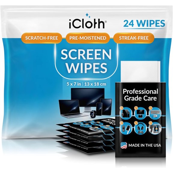 Screen Cleaner Wipes by Individually Wrapped Travel Size Streak-Free (24 Large Wipes)