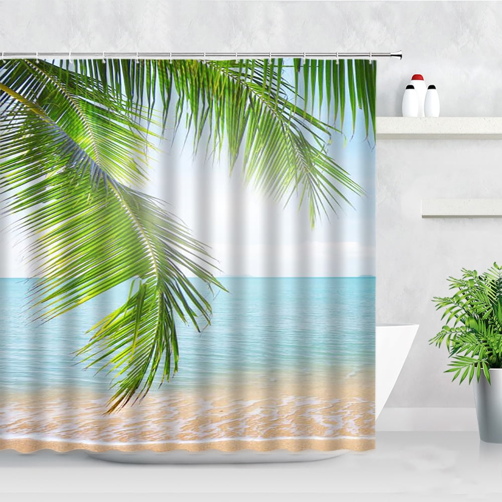 Screen Decor StarModern Plant Tropical Wave Sea Beach Curtains Bathroom Cloth Curtain Shower