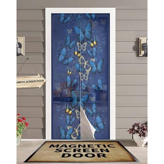 Screen Door 38"x83" Blue Butterfly Door Screen Magnetic Closure, Yellow Navy Blue Butterfly Art Hands Free Magnetic Screen Door for Single/Sliding/Front Door$$Tools & Hardware Other
