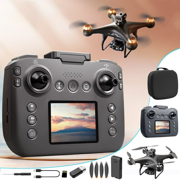 Screen Drone with 1080P Remote Control, Brushless Motor, Obstacle Avoidance, 4K Adjustable Triple Lens, Horizontal Vertical Shooting for Kids Adults Toy