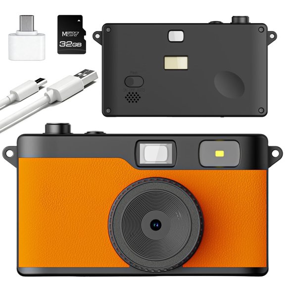 Screen Free Digital Camera, 12MP, Unlimited Filters, Rechargeable, Auto-Flash, Lightweight, Easy to Use, Retro Film-Style Photos, Orange