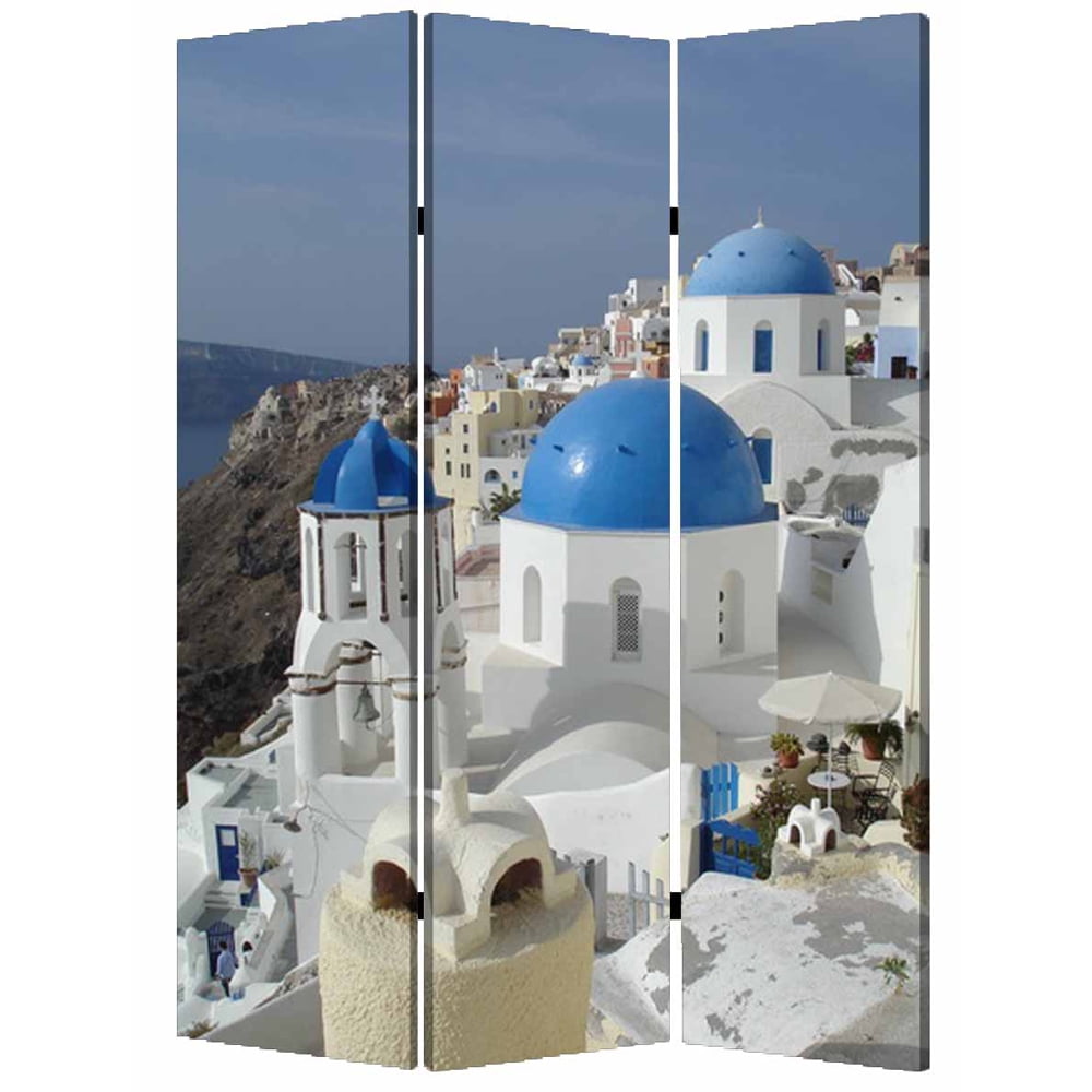 Santorini Blue and White Canvas 3-Panel Folding Screen