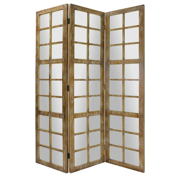 3 Panel Wooden Screen with Square Mirror Inserts, Brown and Silver