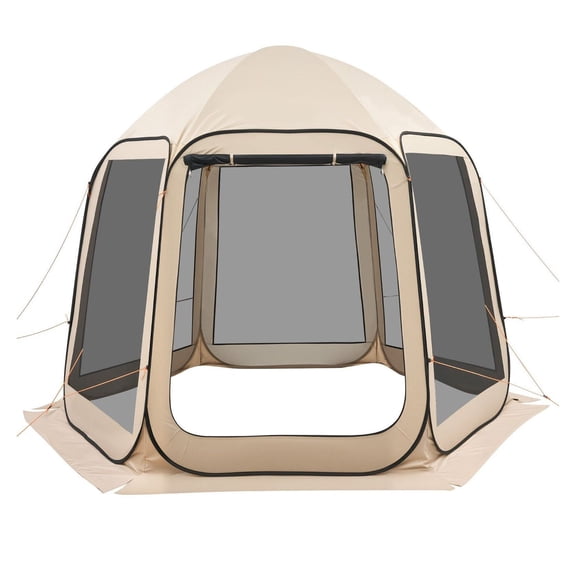 Screen House Tent 10x9.2 ft, 4-8 Person Pop Up Canopy, Portable Screened Tent with Carry Bag, Netting Sides & Stakes, Beige - Outdoor Patio Backyard
