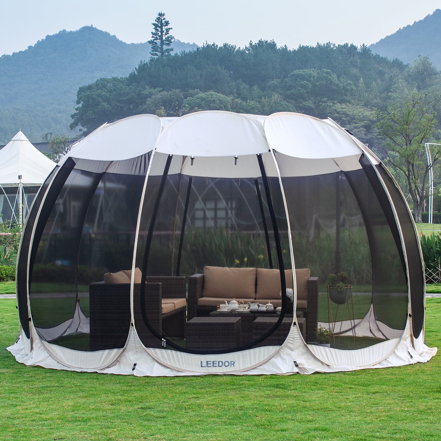 15-ft x 15-ft Beige and Black Pop-Up Screened Gazebo