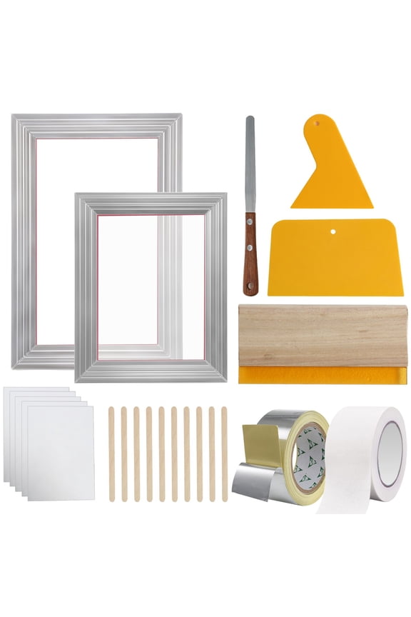 Screen Printing Kit, 2 Aluminum Frames (8x10/10x14 Inch) 110 Mesh, 2 Tapes, Squeegees, Transparency Films for T-Shirts DIY Printing