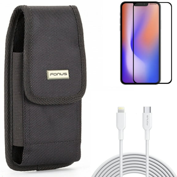 Screen Protector & 10ft PD Cable & Case Belt Clip for iPhone 13/Pro - Combo with Anti-Glare Tempered Glass Matte & USB-C Fast Charger Long & Swivel Holster Rugged