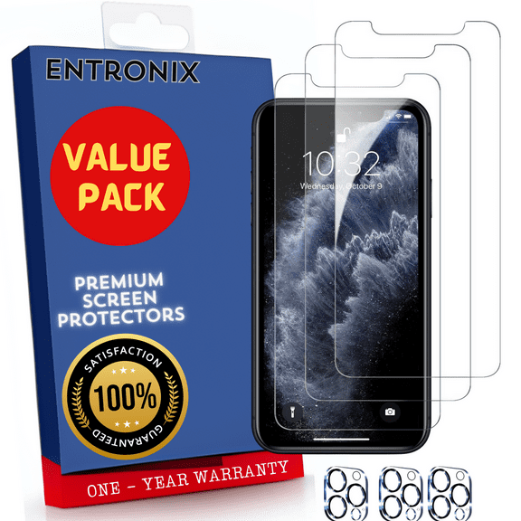 Screen Protector Bundle with Camera Cover Designed for Apple iPhone 11 Pro Max Clear Screen Protector 9H Hardness,Bubble Free with Easy Install, 3 PACK Glass and Camera For iPhone 11 Pro Max