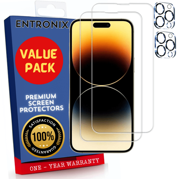 Screen Protector Bundle with Camera Cover Designed for Apple iPhone 14 Pro Clear Screen Protector 9H Hardness,Bubble Free with Easy Install,2 PACK Glass and Camera For iPhone 14 Pro
