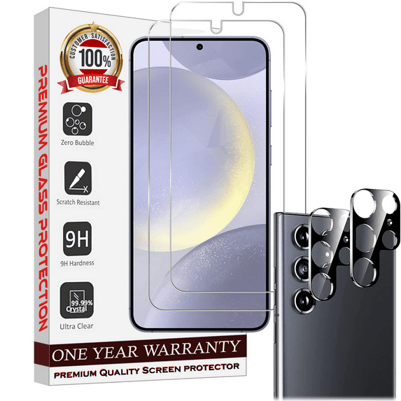 Screen Protector Bundle with Camera Cover for Samsung Galaxy S24 Ultra Clear Screen Protector Built with Anti Scratch, Bubble Free with Easy Install,2 PACK Glass and Camera For Samsung S24 Ultra