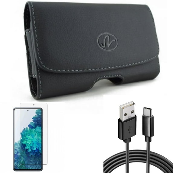 Screen Protector & Case Belt Clip & 6ft USB Cable for Samsung Galaxy S20 Fan Edition - Anti-Glare Tempered Glass + Leather Swivel + Type-C Charger Cord Combo