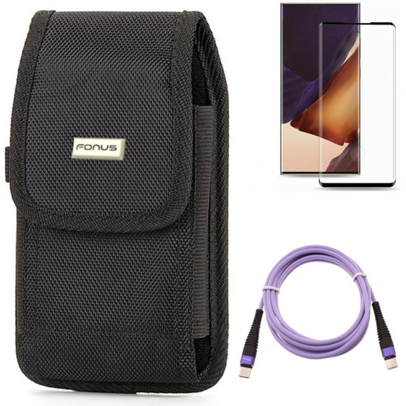 Screen Protector & Case Belt Clip & Purple 6ft PD Cable for Samsung Galaxy Note 20 Ultra (6.9") - Combo with Tempered Glass (Fingerprint Unlock) & Rugged Holster & Type-C to USB-C Long Charger Cord