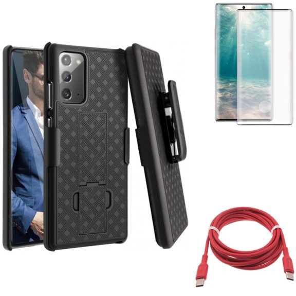 Screen Protector & Case Belt Clip & Red 6ft Long Cable for Samsung Galaxy Note 20 (6.7") - Combo with Tempered Glass (Fingerprint Unlock) & Holster Swivel & USB-C to Type-C PD Fast Charger