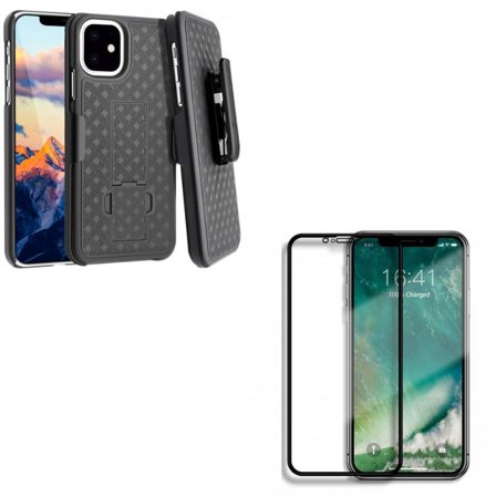 Screen Protector & Case Belt Clip for iPhone 11 ONLY - Ceramics Matte 3D Curved Edge Full Cover + Holster Swivel Cover Kickstand Combo