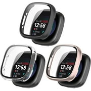 Screen Protector Compatible for Fitbit Versa 4/Sense 2 Watch Case, Tempered Glass Ultra-Thin Full-Coverage Shockproof Bumper (3 Pack B)