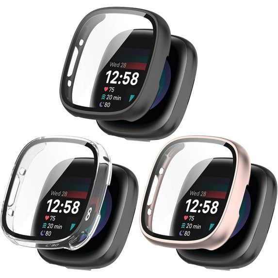 Screen Protector Compatible for Fitbit Versa 4/Sense 2 Watch Case, Tempered Glass Ultra-Thin Full-Coverage Shockproof Bumper (3 Pack B)