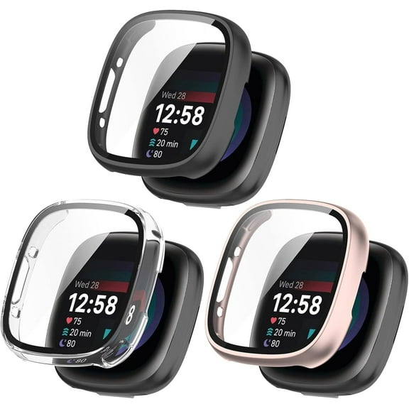 Screen Protector Compatible for Fitbit Versa 4/Sense 2 Watch Case, Tempered Glass Ultra-Thin Full-Coverage Shockproof Bumper (3 Pack B)