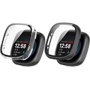 Screen Protector Compatible for Fitbit Versa 4/Sense 2 Watch Case, Tempered Glass Ultra-Thin Full-Coverage Shockproof Bumper (Black/Clear)