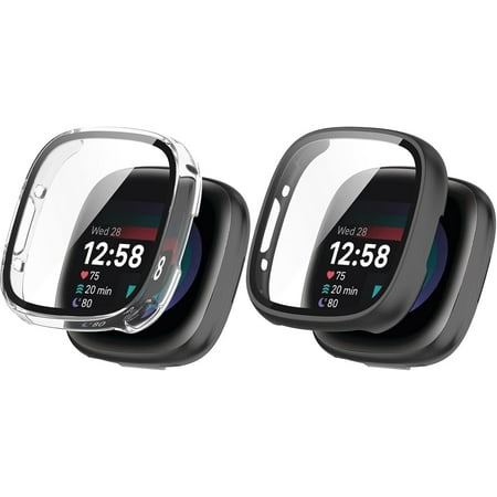 Screen Protector Compatible for Fitbit Versa 4/Sense 2 Watch Case, Tempered Glass Ultra-Thin Full-Coverage Shockproof Bumper (Black/Clear)