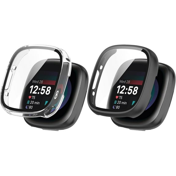 Screen Protector Compatible for Fitbit Versa 4/Sense 2 Watch Case, Tempered Glass Ultra-Thin Full-Coverage Shockproof Bumper (Black/Clear)