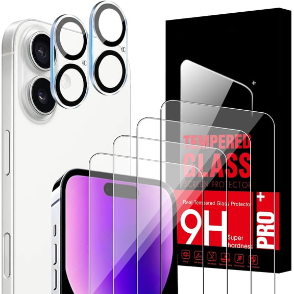 Screen Protector Compatible with iPhone 16[4+2 Pack] 4 tempered glass screen protectors + 2 lens protectors, Anti-Fingerprint, HD tempered glass, 9H Ultra-High Hardness, Drop and Scratch Resistance