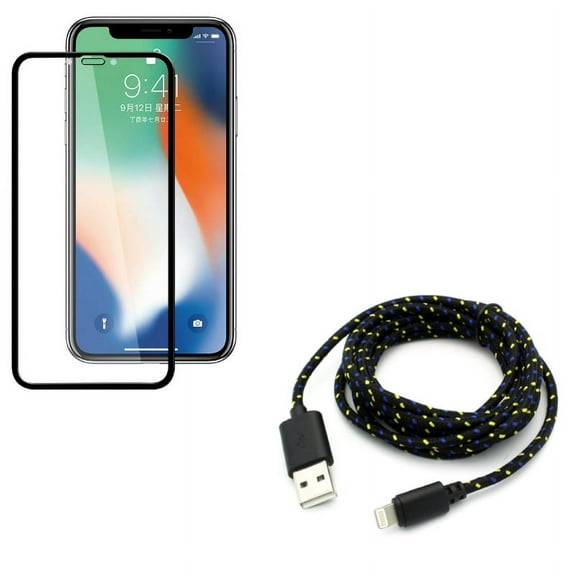 Screen Protector w 6ft USB Cable for iPhone XR - Anti-Glare Tempered Glass Matte 3D, Charger Cord Power Wire Braided