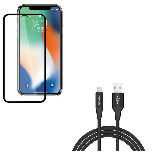 Screen Protector w 6ft USB Cable for iPhone XR - Anti-Glare Tempered Glass Matte 3D, Charger Cord Power Wire Braided