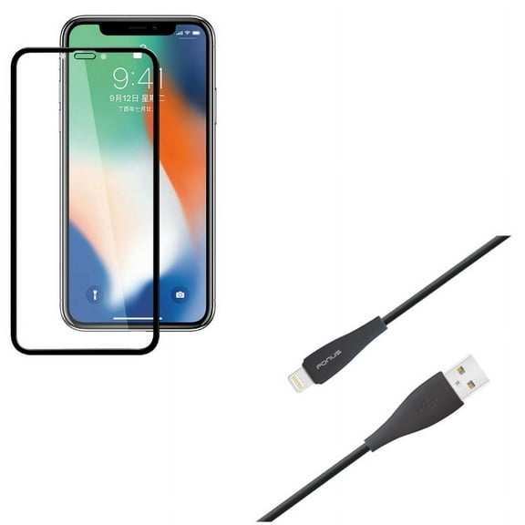 Screen Protector w 6ft USB Cable for iPhone XR - Anti-Glare Tempered Glass Matte 3D, Charger Cord Power Wire Long