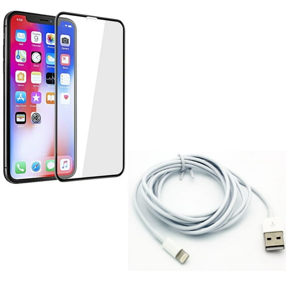 Screen Protector w 6ft USB Cable for iPhone XR - Tempered Glass 5D Touch Curved Edge Full Cover Bubble Free, Charger Cord Power Wire Long Sync